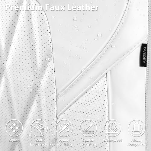 Image of CAR PASS Nappa Leather High Back Front Seat Covers, Tesla Model 3 Model Y Breathable Faux Leather Front Bucket Seat Covers, Anti-Slip Airbag Compatible Universal Fit for Sedan SUV Van Truck, White