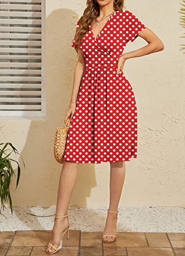 Weaczzy Women Summer Casual Short Sleeve Dresses Empire Waist Dress With Pockets, White Dot Red, Large #TOP3