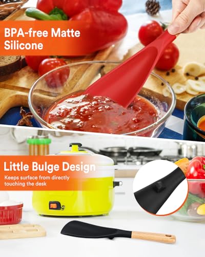 Image of Cooking Spoon for Nonstick Cookwares, Great for Cooking and Serving Sturdy BPA-Free Matte Silicone, Wood Handle Spoon for Mixing, Scoop, and Scrape (Black & Red, 11.4 inch)