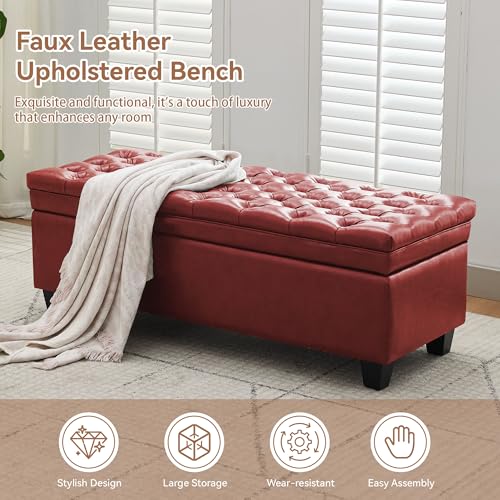 Image of WUTUTUEE 50 inch Faux Leather Storage Ottoman Bench, End of Bed Upholstered Rectangle Storage Ottoman Tufted Living Room Bedroom Bench with Safety Hinge, Solid Wood Legs, Loads 500 lb(Red)