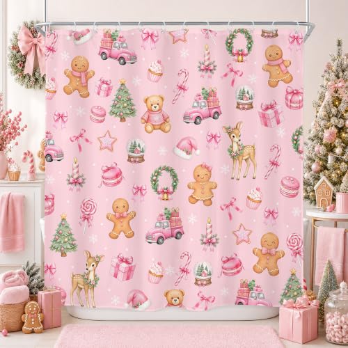 Image of Pink Christmas Shower Curtain Cute Gingerbread Deer Bear Bow Bathroom Decor