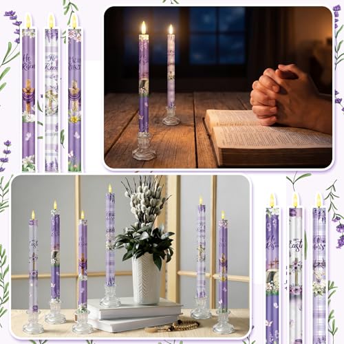 Image of Aurelema 6 Pcs Easter Flameless Candle Set He is Risen LED Flameless Taper Lent Candles with Battery Operated Purple Cross Christian Celebration Candles with Remote for Easter Spring Home Decor Gifts