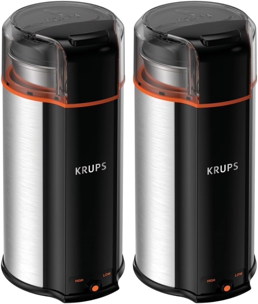 KRUPS3oz Coffee Grinder - Silent Vortex, 2 Speeds, 240W, Dishwasher Safe, 12 Cups Ground, Silver (Pack of 2)
