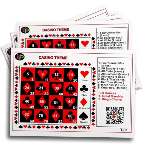 Image of Casino Theme Tambola Tickets | Red Black Tiles Housie Tambola Themed Bingo Game| Kitty Party Theme Housie Tickets | English | for Family & Friends (Set of 15 Tickets)