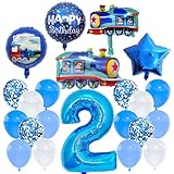 Train Birthday Decorations Balloons Boys - 22 Pcs Blue Trains 2nd Decoration Party Supplies Number 2 Star Foil Balloon Confetti Latex Balloon For 2 Years Old Boy Kids Train Birthday Theme Party