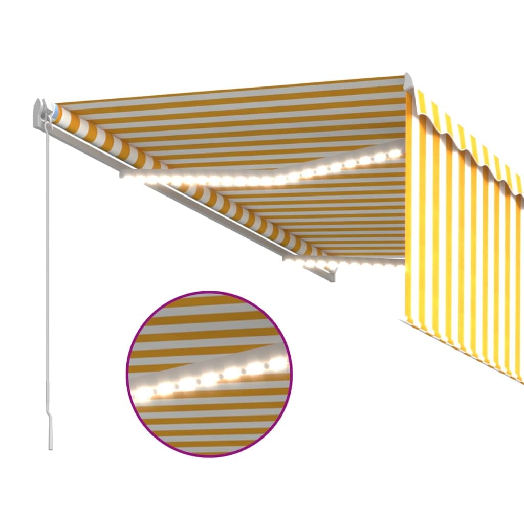 Tenda da sole retrattile manuale, 3 x 2,5 m, giallo/bianco, con tenda avvolgibile, illuminazione a LED, protezione UV, per terrazza, balcone, giardino, telaio in alluminio verniciato a polvere