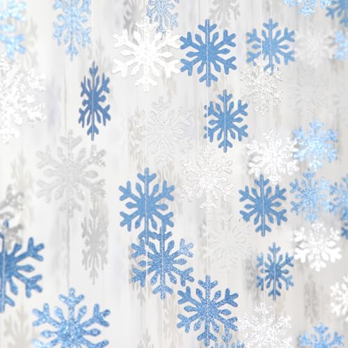 Image of Snowflake-Snow Blue-Silver Christmas Party-Decoration Garland - 52ft Winter Wonderland Frozen Ornaments Hanging Paper Streamers,New Years Birthday Baby Shower Ceiling Decor Hugfond