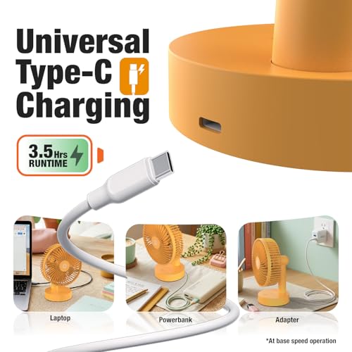 Image of Orient Electric Elfie Rechargeable Personal Fan | 90 Adjustable Airflow | 1800 mAh Battery | 4 Speed Modes | Quiet Operation | USB Type-C Charging | Compact Mini Fan | Tangerine Orange