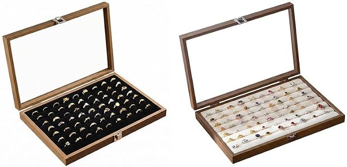 2‑Pack Walnut Wood Ring Jewelry Box Set, 100‑Slot Ring Display Case