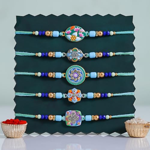 Image of Rakhi for Brother Set of 5 Rakhi With Roli Chawal and Best Wishes Card