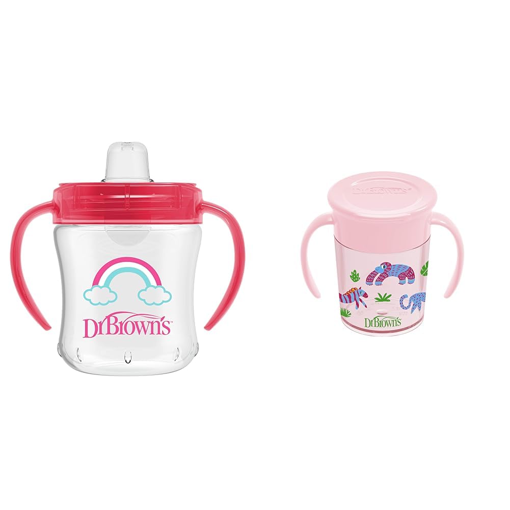 Dr. Brown's Transition Vaso para sorber con pico suave - Rosa - 6oz - 6m+ & Milestones Cheers Vaso de transición sin pico de 360 ​​tazas con asas para un fácil agarre y aprendizaje sin fugas, Pink Safari, 7 oz/200 ml