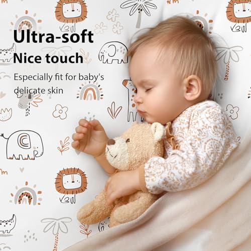 Image of Baby Mini Crib Sheets Boy, Portable 38 inchx26 inch Pack and Play Sheets Fitted for Playard and Pack N Play Mattress, 3-Pack Soft Microfiber Orange Animal World