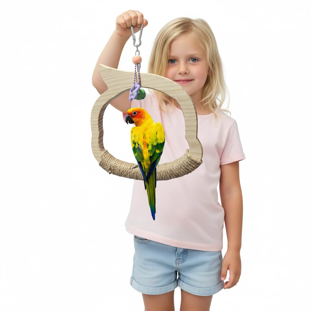 Wooden Bird Swing Perch Toy for Small and Medium Parrots, Natural Wood Ring with Bell and Rope Wrap, Hanging Cage Toy for Cockatiels, Budgies, Lovebirds, Conures