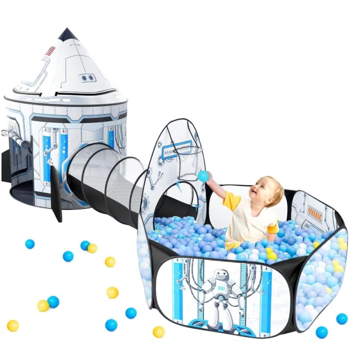 Image of Kids Ball Pit for Play Tent: 3PC Rocket Ship Baby Gifts, Spaceship Tents and Crawl Tunnel for Toddlers, Astronaut Pop Up Playhouse Toys for Indoor Outdoor Games (White)