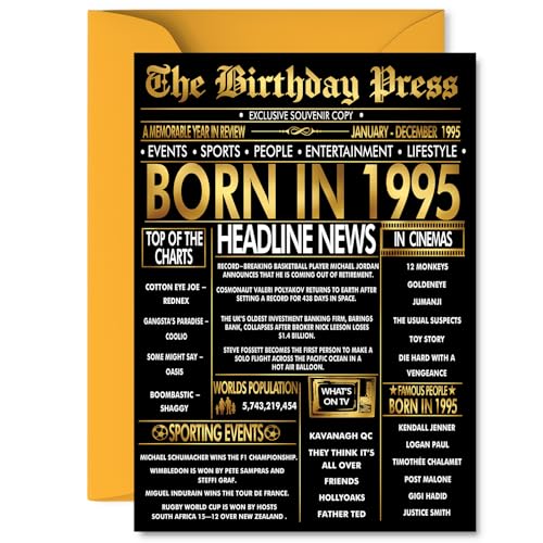 Gold 30th Birthday Card for Men Women - Black & Golden Newspaper Born in 1995 - Happy 30 Birthday Cards for Husband Friend Sister Neighbour Brother Wife, 5x7 Inch Bday Greeting Cards Gold 30th Birthday Card for Men Women - Black & Golden Newspaper Born in 1995 - Happy 30 Birthday Cards for Husband Friend Sister Neighbour Brother Wife, 5x7 Inch Bday Greeting Cards