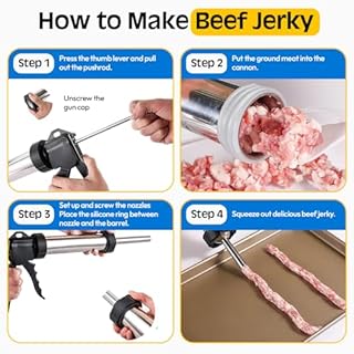 ZYRENZA Professional Jerky Gun Kit – Stainless Steel Beef Meat Maker Machine with 5 Nozzles, 1 Meat Pusher, 5 Cleaning Brushes (2 Sets), Sausage Shooter Accessories & Bonus Pair of Gloves