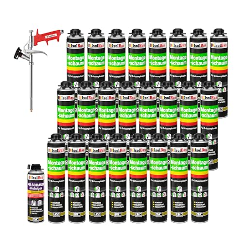 Isolbau Bauschaum-Set - Inkl. 24 x 1K Montageschaum B2 Pistolenschaum mit hervorragender Schall und Wärmedämmung (je 750 ml), 1 x PU-Schaum-Reiniger (500 ml) & 1 x Schaumpistole, Dämmen