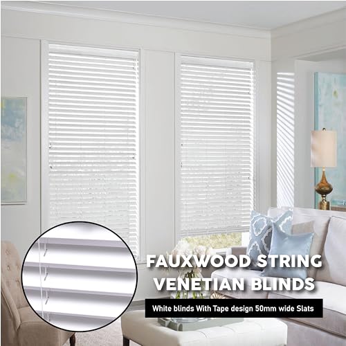 Funky Gadgets Smooth Faux Wood Wooden Venetian Blinds with Strings and THE OTHER with TAPE 50mm Slats TRIMMABLE (White, 45cm width x 150cm drop) - Cosy Home Interiors Funky Gadgets Smooth Faux Wood Wooden Venetian Blinds with Strings and THE OTHER with TAPE 50mm Slats TRIMMABLE (White, 45cm width x 150cm drop) - Image 2