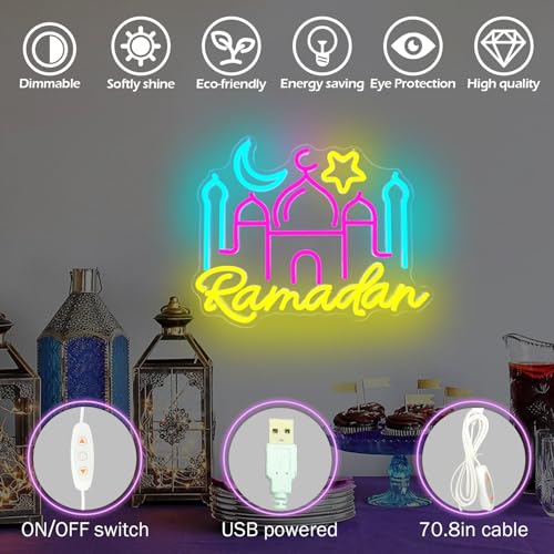 Image of Ramadan Neon Sign Ramadan Decorations for Home Dimmable Neon Lights Mosque Led Sign Muslim Islamic Wall Decor Light Up Sign Ramadan Gifts for Kids Women