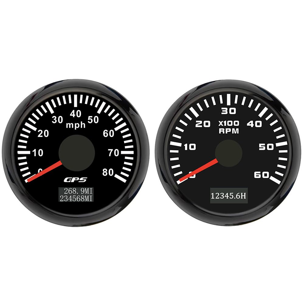 ELING 52mm 2 Gauge Kit GPS Speedometer 80MPH Speedo Gauge Tachometer 6000RPM with Hour Meter 12Volt 24Volt Waterproof