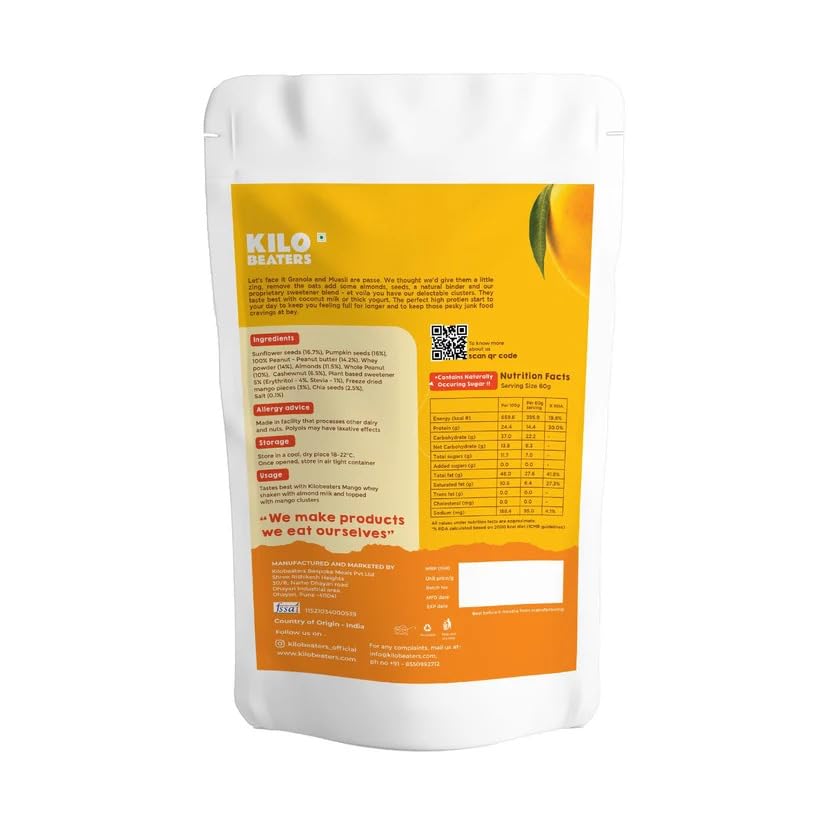 Image of Kilobeaters Mango Breakfast Clusters with Real Freeze-Dried Alphonso Mango | High Protein Granola | No Added Sugar | Gluten Free | Healthy Cereal for Breakfast & Snacking 400g