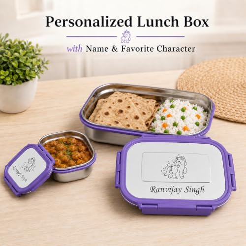 Image of Personalized Stainless Steel Tiffin Box for Kids - Name & Character Engraved | Durable Leak-Proof School & Office Lunch Box with Inner Container & Locking Clip | Food Safe & Travel-Friendly