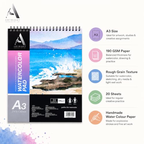 Image of ArtRight Artists' Watercolor Paper Pad A3 190 GSM - 20 Sheets of Handmade Rough Grain Water Colour Papers, Ideal for Artist, Professional Drawing, Painting Dry & Wet, Fine Art, School, Student, Watercolor