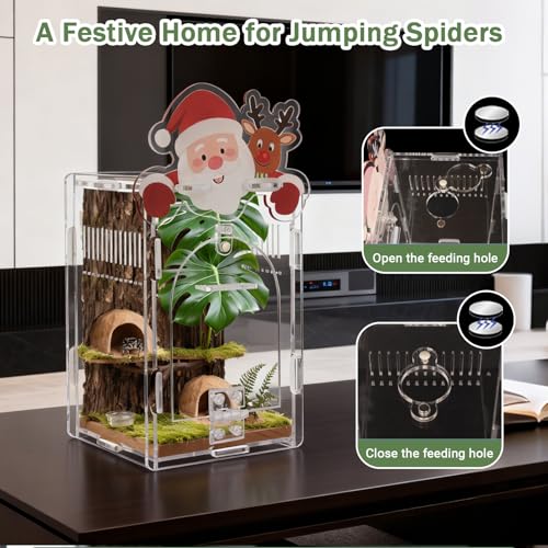 Image of Santa Claus Jumping Spider Enclosure, Magnetic Acrylic Habitat Terrarium with Secure Doors, 4x4x6.3 Inch Small Desktop Decor Gift for Spider, Mantis, Beetles