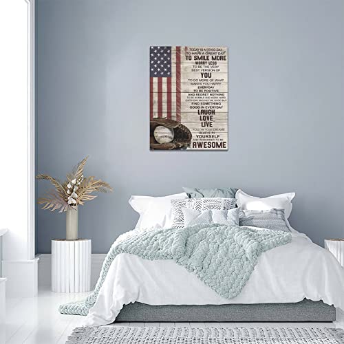 Inspirational Baseball Wall Art Sport Theme Pictures Wall Decor American Flag Canvas Prints Framed Modern Motivational Quotes Painting Artwork For Bedroom Office Living Room Bathroom Dining Room 12"X16" #TOP3