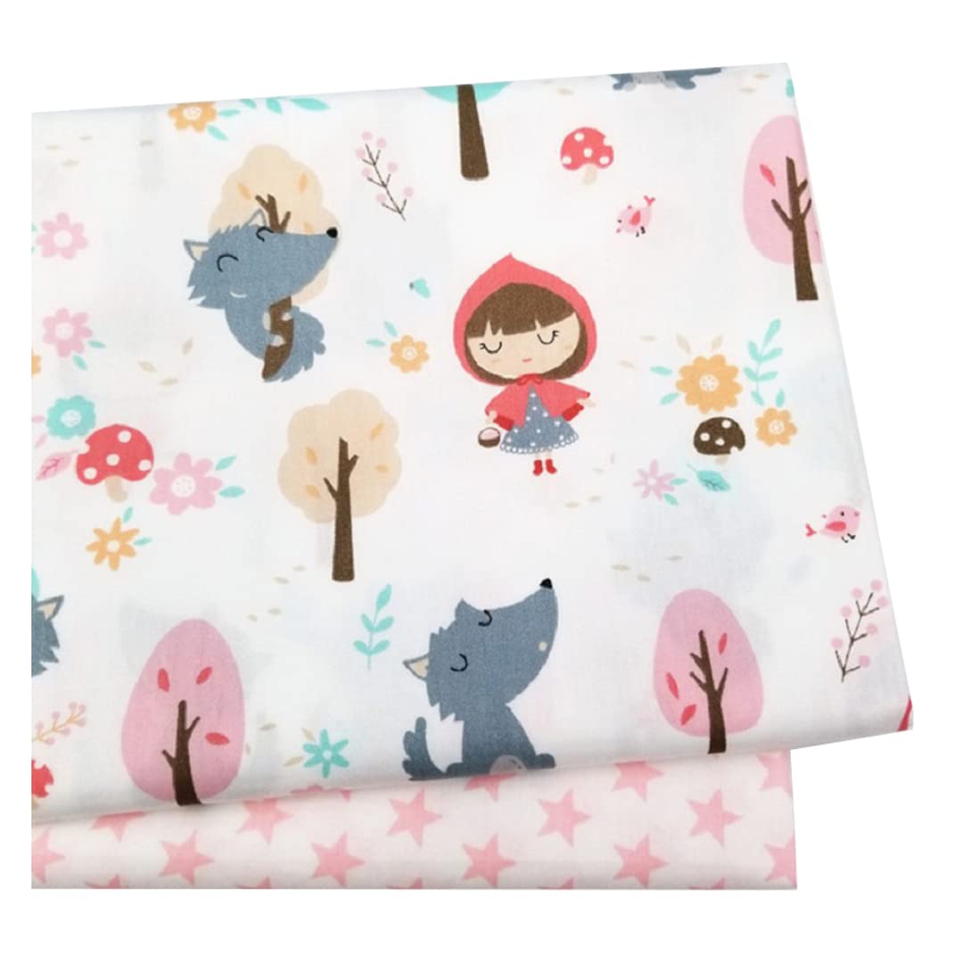 2 Pcs Fat Quarter Fabric Bundles Cartoon Little Red Riding Hood Print Precut Fabric Cute Forest Quilting Fabric for DIY 50x50CM