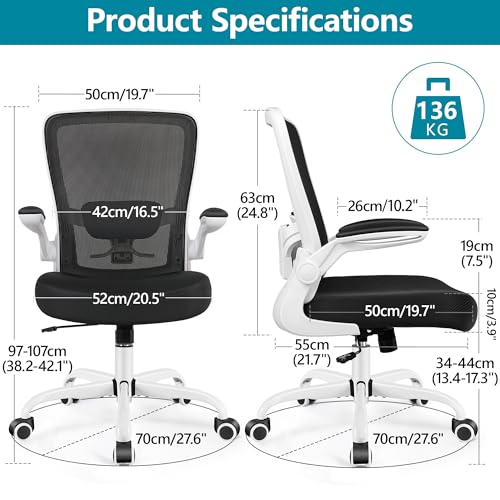 FelixKing Office Chair, Ergonomic Desk Chair Breathable Mesh Chairs Adjustable High Back Lumbar Support Flip-up Armrests, Executive Rolling Swivel Comfy Computer Chairs Home Office White