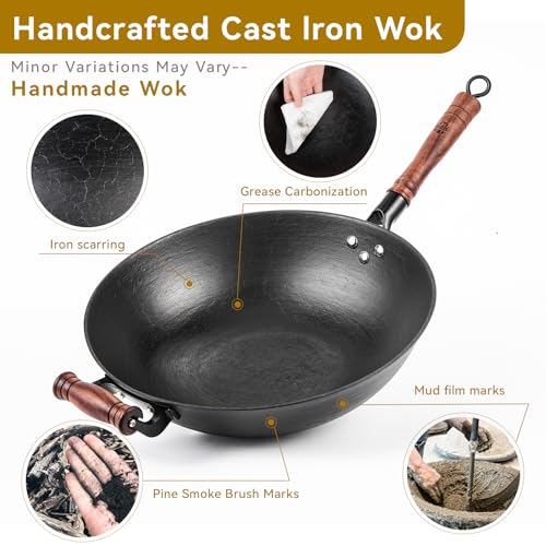 Wok de Hierro Fundido 14.2 in con Tapa y Mango de Madera miniatura 6