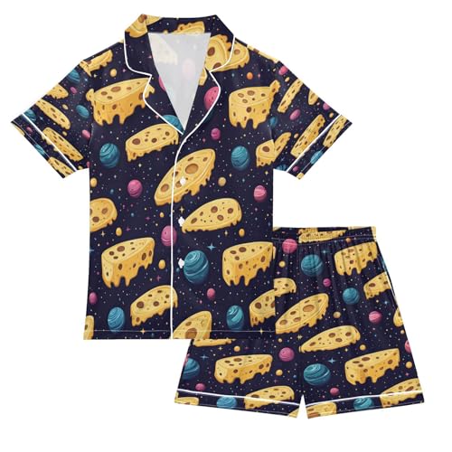 Satin Pajama Sets Short Sleeve Cheese Slices and Planets Pattern Button Down Silky Nightwear 2 Piece PJS 5-14Y