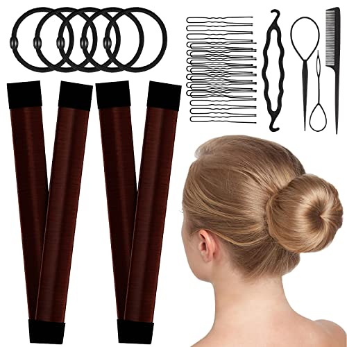 Magic Hair Bun Maker Donut 2 PCS - French Twist Hair Styling Tool Snap Roll, Hair Bun Accessories with 20 Hair Bobby Pins, 5 Elastic Bands and 4 Pony Hair Tool for Women Kids & Short Thin Hair (Dark Brown)