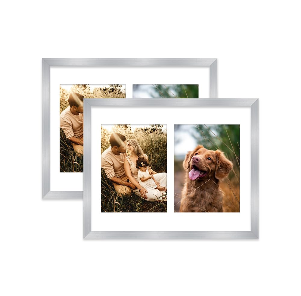 Silver Multi Photo Frame - Holds 2 x 8x6 Pictures, Family Collage Picture Frame for Wall Display, 14x11 Frame size, Set of 2