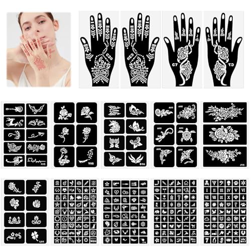 14 Hojas Kit de Plantillas de Tatuajes, 281 Diseños de Henna Tatuajes Negra, Reutilizables Tatuajes Temporales Adultos y Niños, Henna Stencils Tattoo para Arte Corporal, Carnaval, Party, Halloween