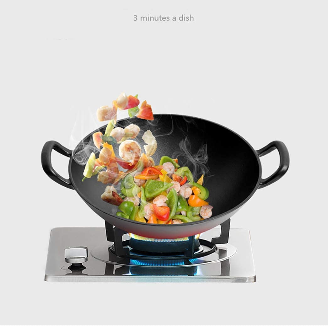 Wok nero 32 cm con coperchio antiaderente spesso doppio orecchio mescolato stufato zuppa stufato ferro wok gas speciale (dimensioni: 32 cm di lunghezza x 9,9 cm di altezza)