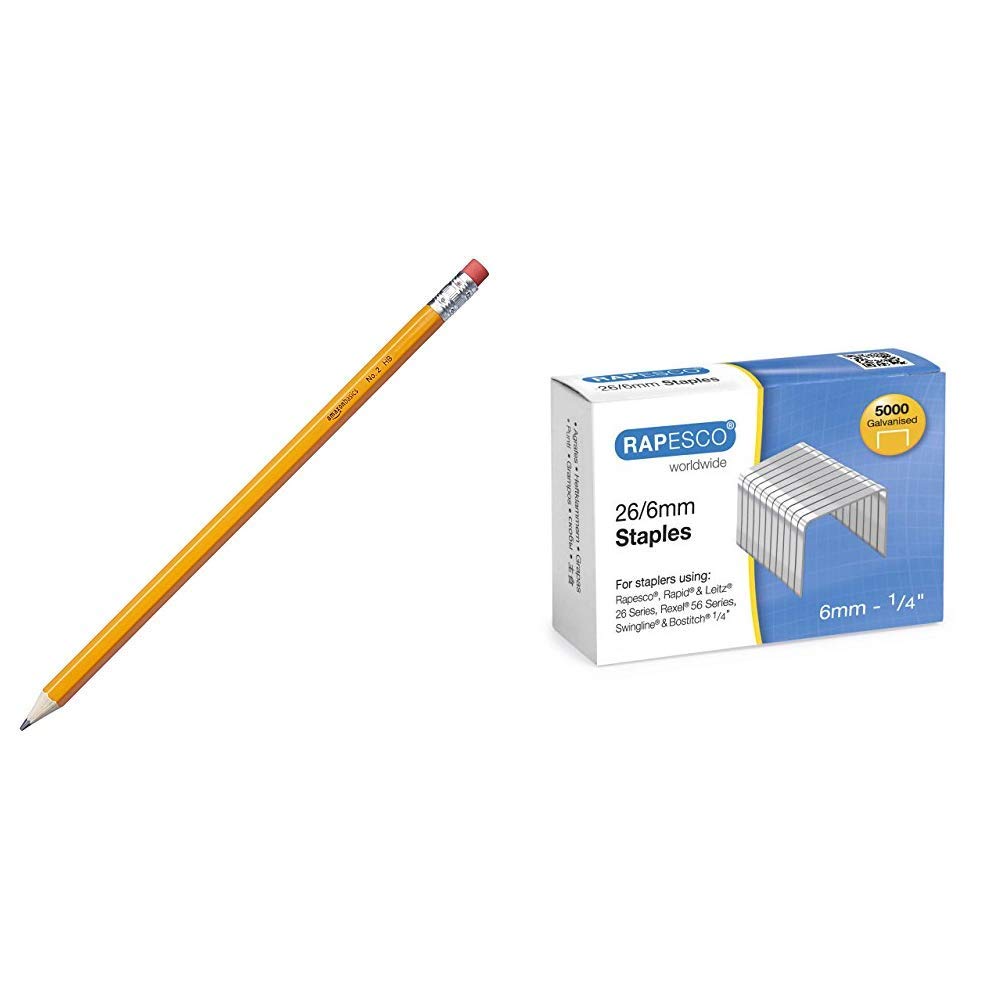 Amazon BasicsPresharpened Wood Cased #2 HB Pencils, 30 Pack & Rapesco S11662Z3 Galvanised Staples 26/6 mm - Box of 5,000, Silver
