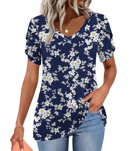 Image of CATHY 2026 Women Tops Summer Short Sleeve Tunic V Neck T-Shirts Loose Casual Floral Blouse S-4XL