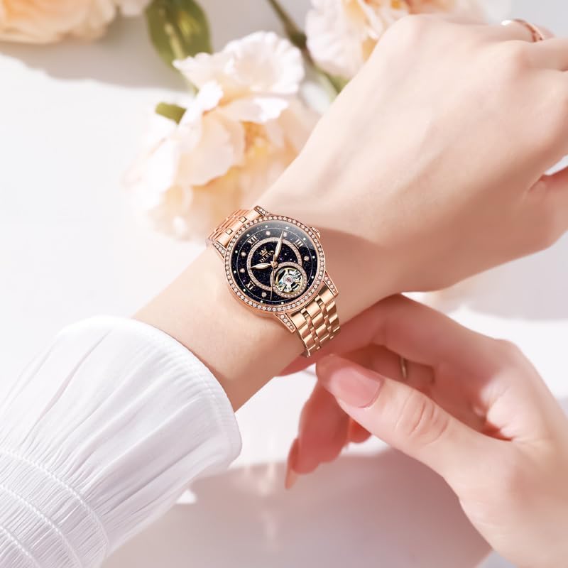 OLEVS Women’s Watch Automatic Diamond Tourbillon Luxury Fashion Stainless Steel Waterproof Luminous Wrist Watches for Ladies Gift Rose Gold/Starry Sky Blue/Silver - Image 4