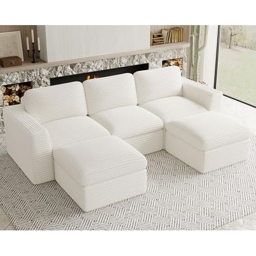 Cloud Modular Sectional Sofa with Ottoman Boneless Sectional Couches for Living Room Plush Corduroy Fabric 3-Seater U Shaped Couch.White Sofa. Beige 3 Seaters with 2 ottoman