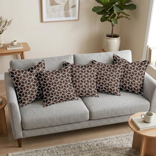 Image of Divine Casa Pluto Cushion Covers Set of 5 Brown | 16x16 Inch Jacquard Patchwork Design Decorative Sofa Cushion Covers | Throw Pillow Covers for Living Room