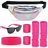 LGZIN 80er Jahre Kleidung Damen Set, 80er Kleidung Damen Sportlicher Accessoires, Rosenrot Schweißband Armbänder Set, Beinwärmer, Silber Bauchtasche, Brille für 80er Outfit Party Kostüm Accessoires