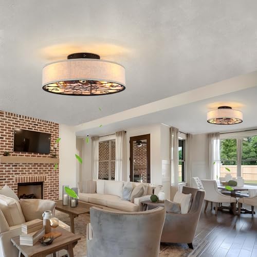 20 Inch Caged Ceiling Fans with Lights Flush Mount,Low Profile Fabric Farmhouse Bladeless Ceiling Fan with Remote, Farmhouse White Ceiling Fan for Bedroom,6 Speeds Reversible Silent Fandalier