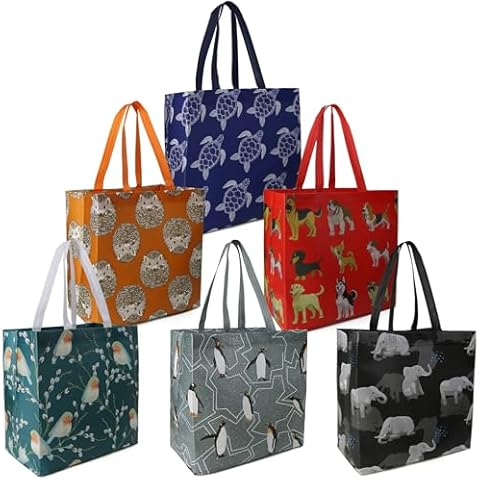 BeeGreen Animal Reusable Grocery Bags - W13*H13*D7 6 Packs Lightweight Shopping Totes with Long Handles, Water Resistant,Durable and Portable - Perfect for Groceries, Supermarket, Gifts, and More Cover