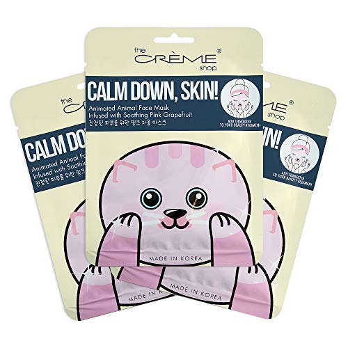 The Crème Shop | Korean Skin Care Calm Down, Skin! Animal Kitty Face Sheet Mask 3 Pack - Infused with Soothing Pink Grapefruit