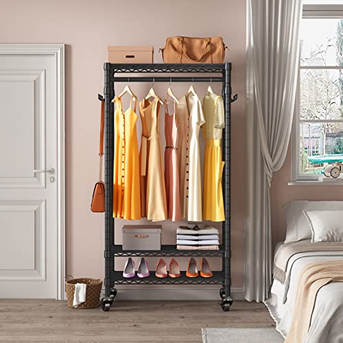Vipek X1 Medium Rolling Clothes Rack Portable Garment Rack For Hanging Clothes, 3 Wire Shelves Freestanding Heavy Duty Clothing Racks Storage Drying Rack With Wheels, Hanging Rod, Side Hooks, Black #TOP2