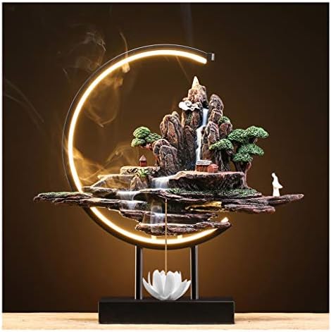 RDBSMGX Incense Holders Chinese Style Backflow Incense Burner LED Light Ring Lotus Incense Insert Resin Rockery Ornaments Perfect Home Decor 110-220V, 33.5x11x37cm (13.1x4.3x14.5inch)