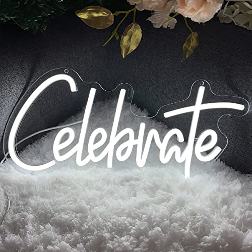 Image of Neon Sign The Celebrate for Wall Decor Custom Light Up Sign Indoor Bedroom Home Decor LED Neon Light Sign Large Backdrop Flex Birthday Wedding Christmas Living Room Business Gift,White 40x18.7 CM
