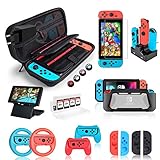 【18 in 1 Nintendo Switch Zubehör Set】 - 1 * Tragetasche for Nintendo Switch, 1 * Spiel Aufbewahrungsbox (für bis zu 8 Spiele), 1 * Silikon Hülle, 1 * Ständer, 1 * Schutzfolie Glas, 4 * Daumenkappen, 1 * Joy-Con station (4 in 1), 2 * Joy Con Lenkrad, 2 * Joy-Con Griff, 4 * Joy-Con Silikon Schutzhülle.